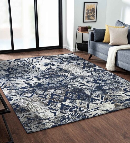 Cream and Blue Persian 5x7 Feet Machine Made Carpet