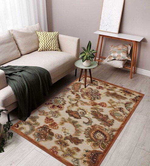 Cream and Brown Neo Persian 3x5 Feet Machine Made Carpet