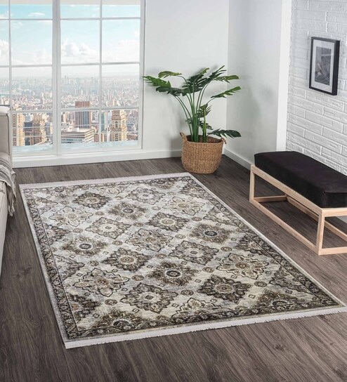 Cream and Brown Persian 5x7 Feet Machine Made Carpet