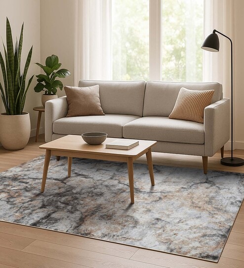 Cream and Grey Abstract 5x7 Feet Machine Made Carpet