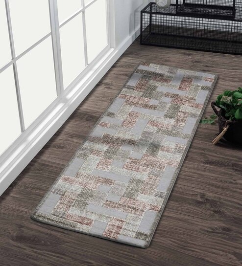 Cream and Grey Geometric 2x7 Feet Machine Made Runner