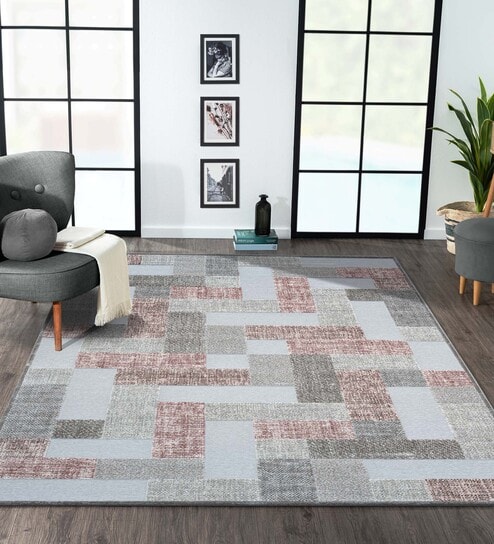 Cream and Grey Geometric 5x7 Feet Machine Made Carpet