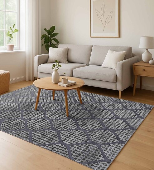 Cream and Grey Moroccan 3x5 Feet Machine Made Carpet
