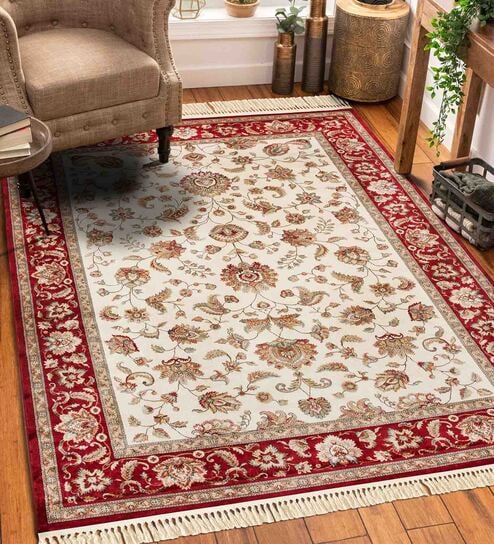 Cream and Maroon Persian 5x7 Feet Machine Made Carpet