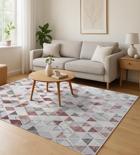 Cream and Red Geometric 4x6 Feet Machine Made Carpet