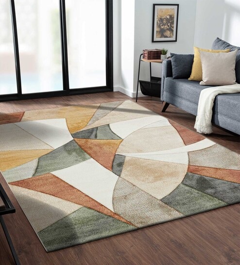 Cream and Rust Abstract Polypropylene 7 ft x 5 ft Machine Made Carpet