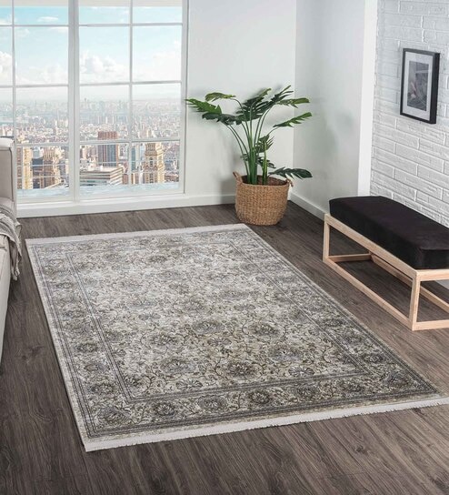 Cream and Taupe Persian 3x5 Feet Machine Made Carpet
