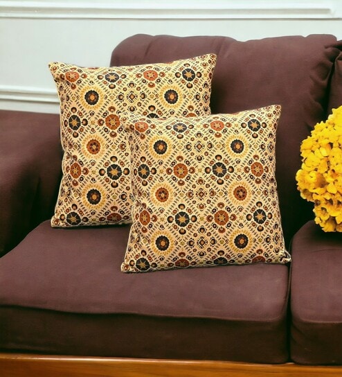 Cream Art Silk Chanderi Textured Floral 16x16 inches Cushion Covers (Set of 2)