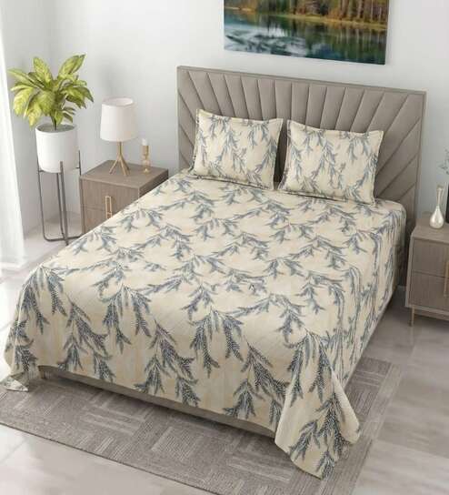 Cream Black Metro 186 TC Cotton King Bedsheet With 2 Pillow Covers