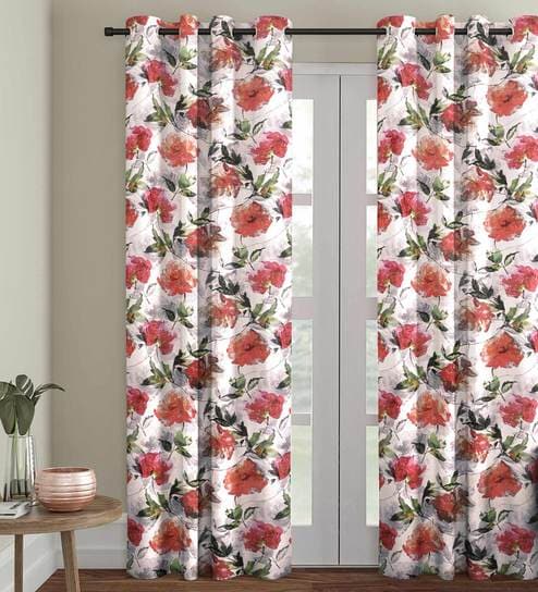 White Polyester Velvet Floral 7FT Light Filtering Eyelet Door Curtains (Pack of 1)