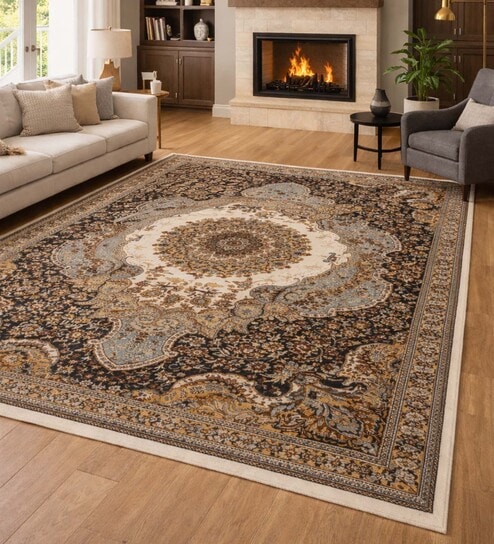 Cream&Blue Polypropylene Antistatic 120X170Cm Carpet With Cotton Backing