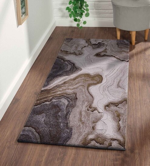 Cream Brown Abstract Polypropylene 5 ft x 2.5 ft Machine Made Runner
