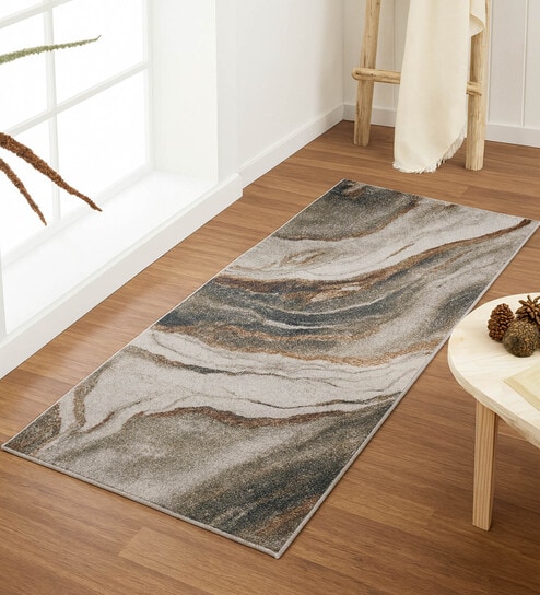 Cream Brown Abstract Polypropylene 5 ft x 2 ft Machine Made Runner