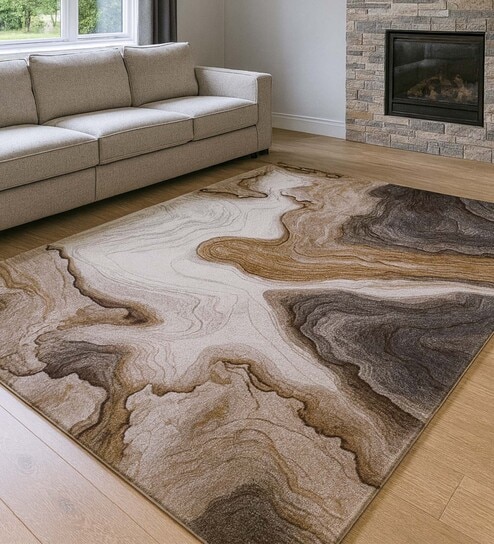 Cream Brown Abstract Polypropylene 7 ft x 5 ft Machine Made Carpet