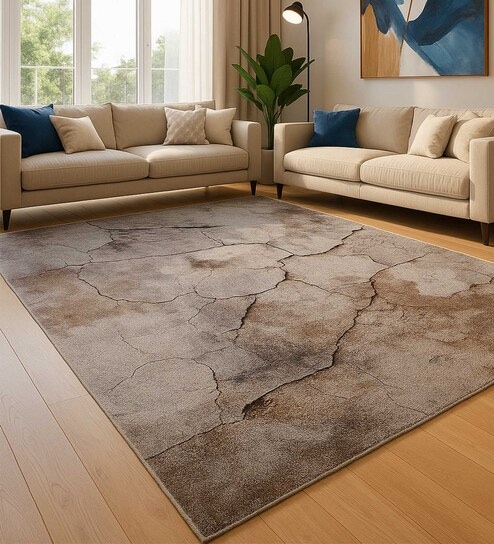 Cream Brown Abstract Polypropylene 9 ft x 6 ft Machine Made Carpet