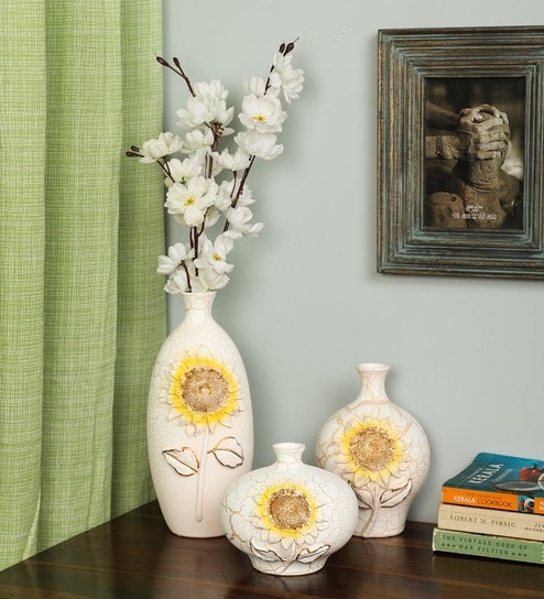 Buy Cream Sunflower Design Flower Ceramic Vase Set Of 3 By Zahab