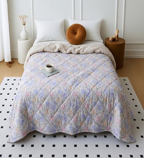 Lavender Cotton Floral 350 GSM Double Bed Reversible Quilted Comforter