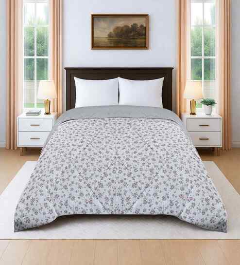Cream Cotton Floral 350 Gsm Soft Quilted Double Bed Reversible Comforter