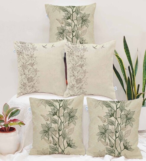 Cream Cotton Florals 16x16 inches Cushion Covers (Pack of 5)