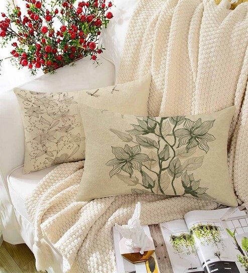Cream Cotton Florals 18x12 inches Cushion Covers (Pack of 2)