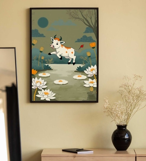 Cream Cow Printed Canvas Wall Art