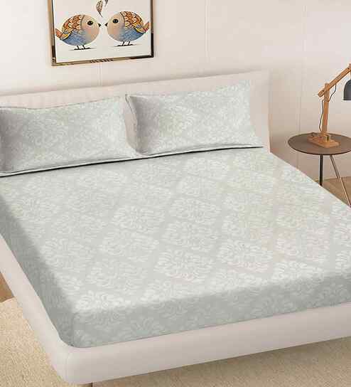 Cream Ethnic 300 TC Cotton Blend King Size Embossed Double Bedsheet with 2 Pillow Covers