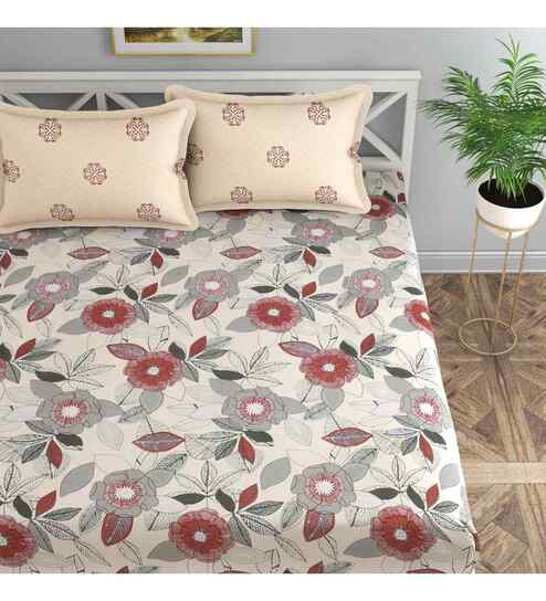 Cream Floral 144 TC Cotton Queen Sized Bedsheet Bedsheet 2 Pillow Prime Collection