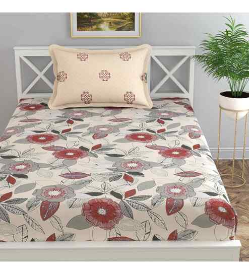 Cream Floral 144 TC Cotton Single Bed Sheet Bedsheet 1 Pillow Prime Collection
