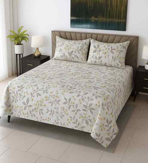 Cream Floral 210 TC Mix Cotton Super King Size Bedsheet with 2 Pilllow covers Essential Series Collection