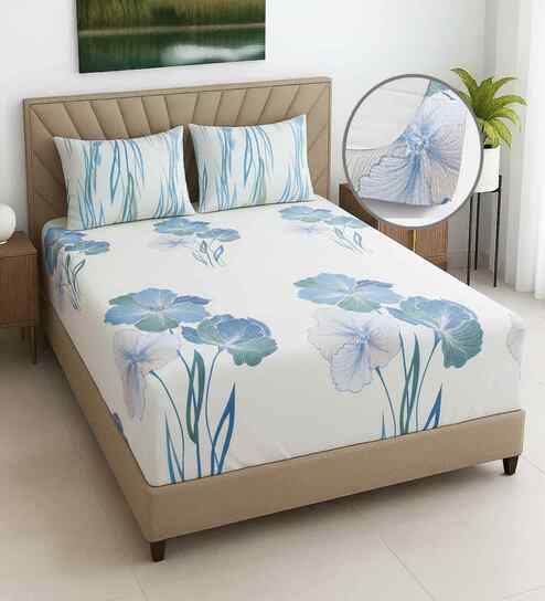Cream Floral 270 TC Polcotton Queen Sized  Fitted Double Bedsheet with 2 Pillow Covers Luxury Series Collection