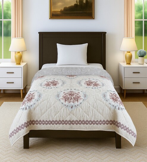 Cream Floral 300 GSM Cotton Single Bed Size Comforter