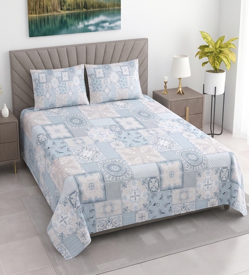 Blue Traditional 400 TC Cotton Queen Bedsheet with 2 Pillow covers Luxury Series Collection