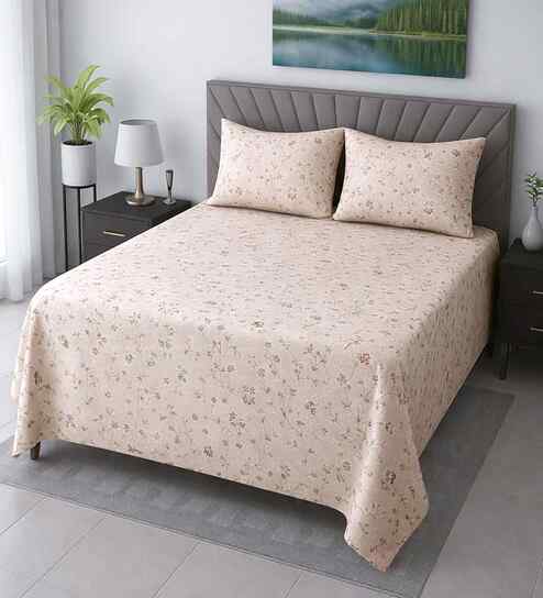 Cream Floral 400 Tc Cotton Queen Size Bedsheet With 2 Pillow Covers