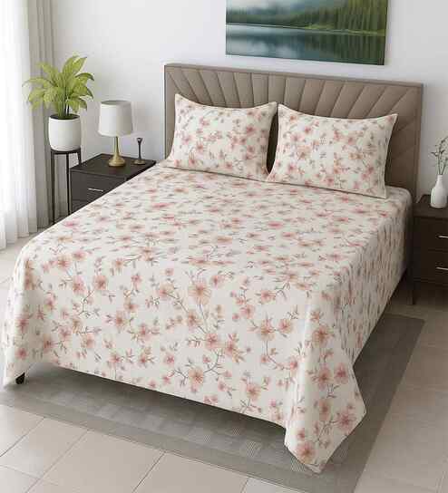 Cream Floral 400 TC Cotton Queen Size Bedsheet with 2 Pillow covers Essential Series Collection