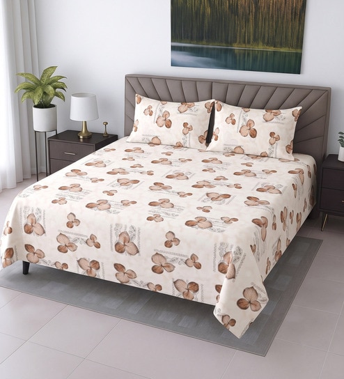 Cream Floral 400 TC Cotton Super King Bedsheet with 2 Pillow Covers Luxury Series Collection