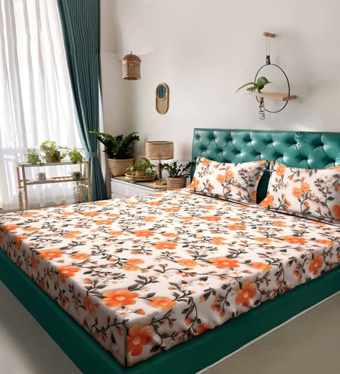 Cream Floral 7D King Size Cotton Blend Double Bedsheet with 2 Pillow Covers