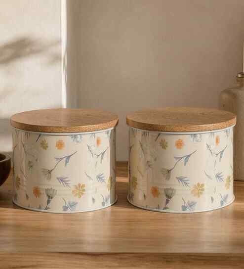 vareesha Cream Floral Chevron Printed Metal Airtight Containers With Wooden Lids Set Of 2-picture-38