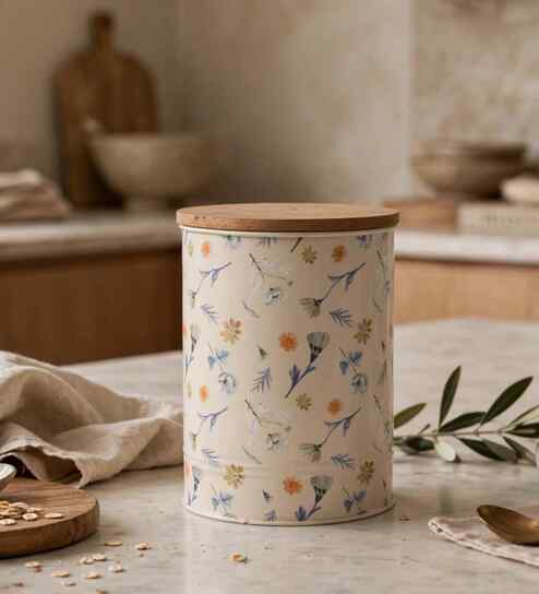 vareesha Cream Floral Chevron Printed Metal Airtight Storage Container With Wooden Lid-picture-44