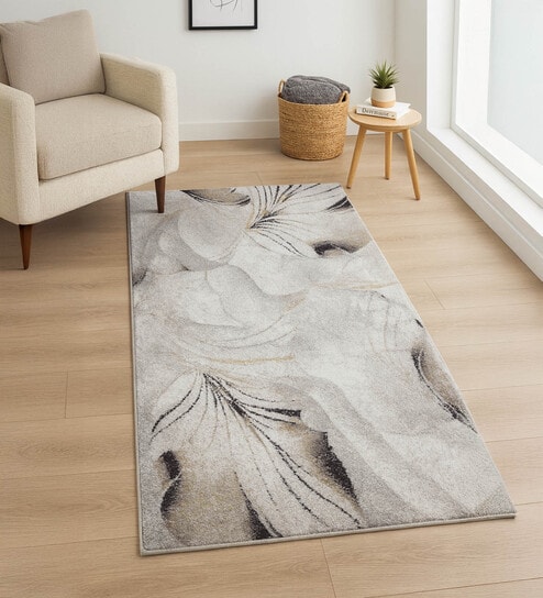 Cream Floral Polypropylene 5 ft x 2 ft Machine Made Runner