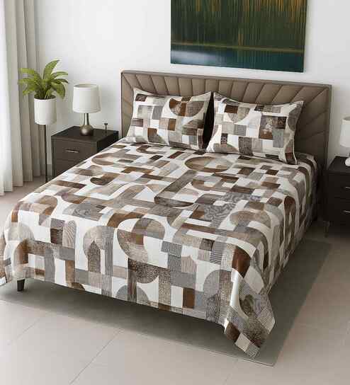 Cream Geometric 210 TC Mix Cotton Super King Size Bedsheet with 2 Pilllow covers Essential Series Collection