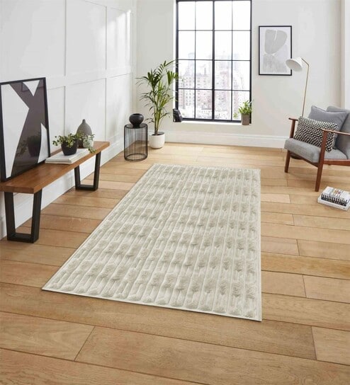 Cream Geometric Polyester Blend 3 X 5 Feet Rabbit Fur Machine Made Carpet