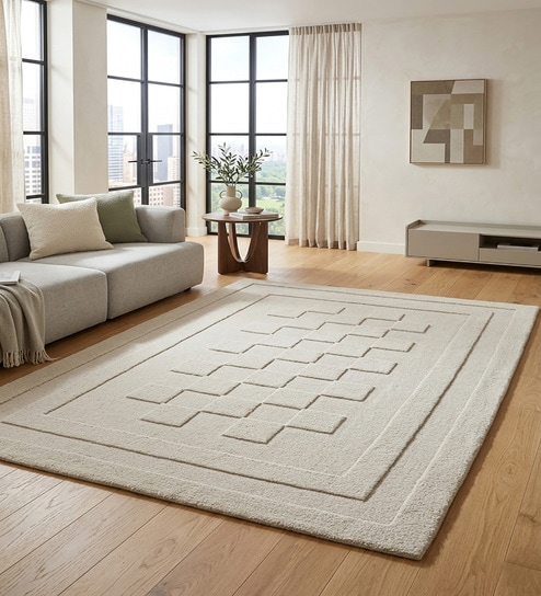Cream Geometric Wool And Cotton 5 X 8 Ft Hand Tufted Carpet
