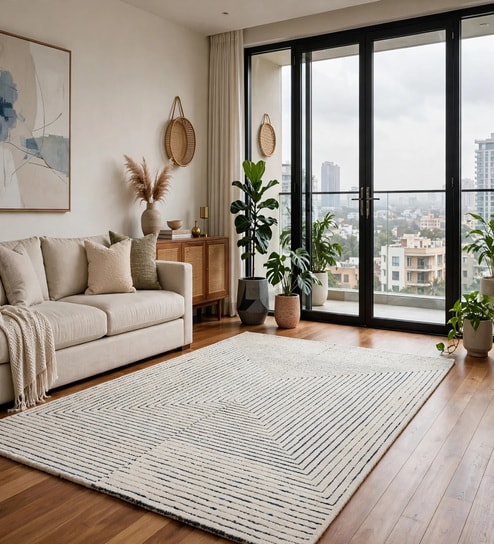Cream Geometric Wool And Cotton 5 X 8 Ft Hand Tufted Carpet