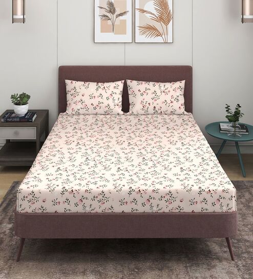 Cream Glace Cotton Floral Print Elastic Fitted King Bedsheet With 2 Pillow Covers