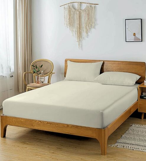 Cream Glace Cotton Solid Elastic Fitted King Bedsheet With 2 Pillow Covers