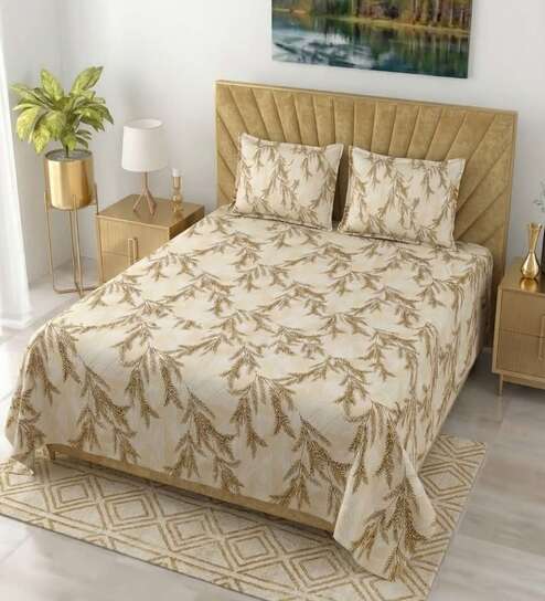 Cream Gold Metro 186 TC Cotton King Bedsheet With 2 Pillow Covers
