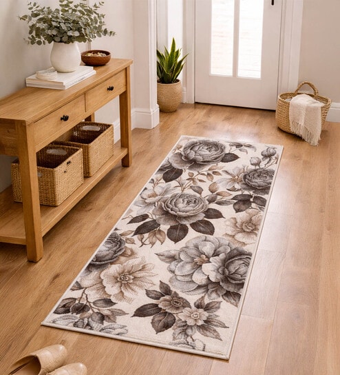 obsessions Cream grey Floral Polypropylene 5 ft x 2 ft Machine Made Runner-picture-30