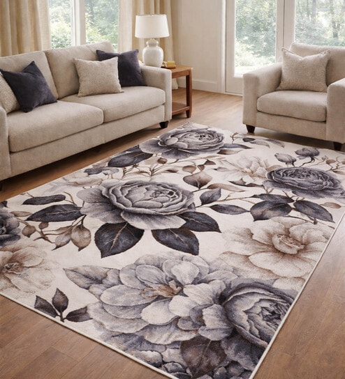 Cream Grey Floral Polypropylene 7 ft x 5 ft Machine Made Carpet