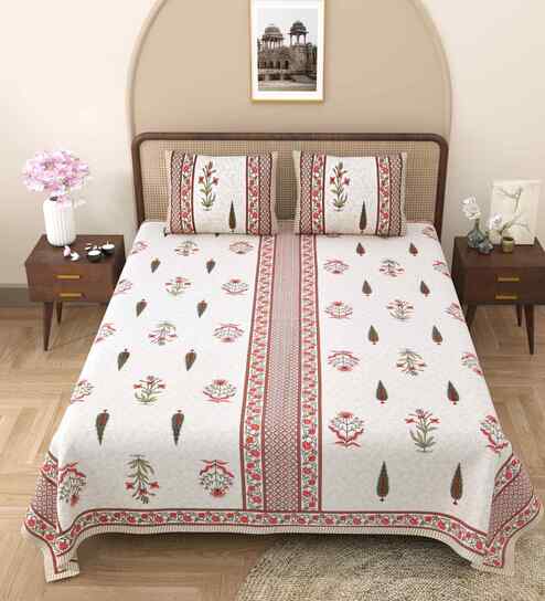 Cream Heritage King 144 TC Cotton Bedsheet 1 Bedsheet, 2 Pillow Covers