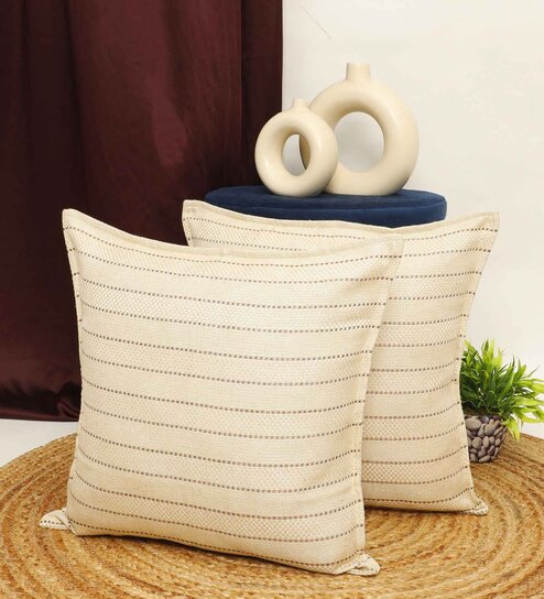 Cream Jute Stripes 16x16 inches  Regular Cushion Covers  (2Pcs)